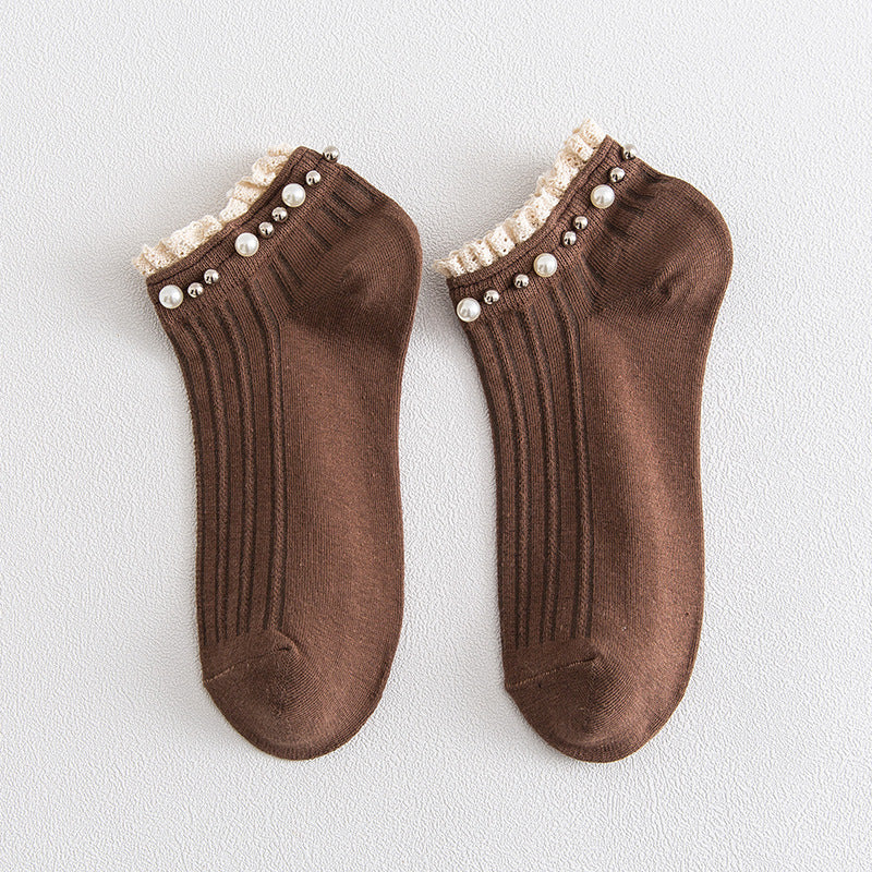 5 Pairs Women's Pearl Lace Stretch Casual Socks