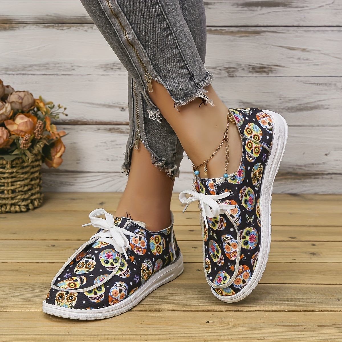 Colorful Skull Print Canvas Shoes Lace Up Lightweight Low Top Halloween Shoes