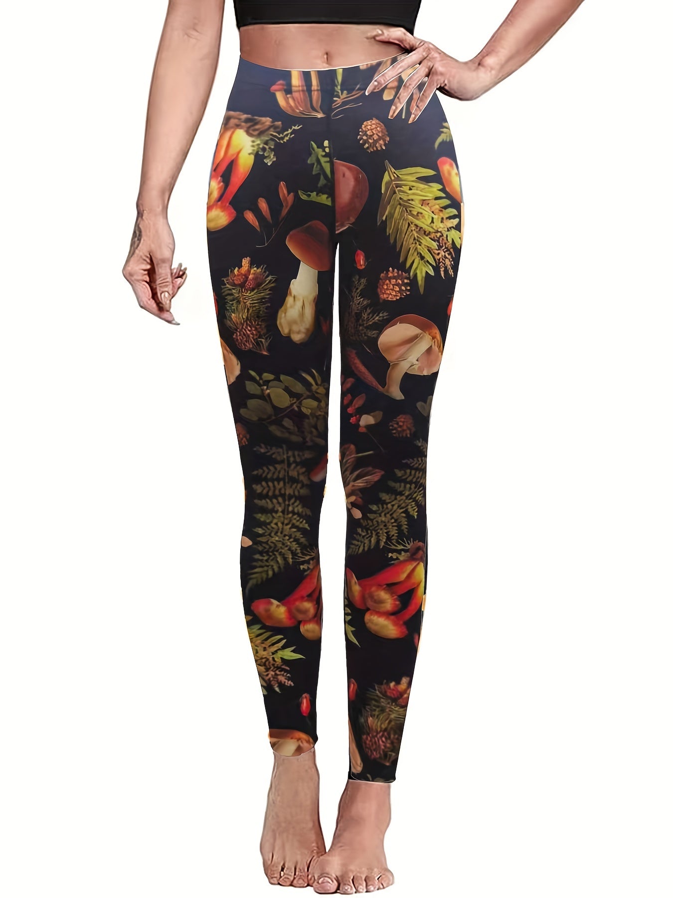 Women's Plus Mushroom Print High Rise Skinny Yoga Running Pants