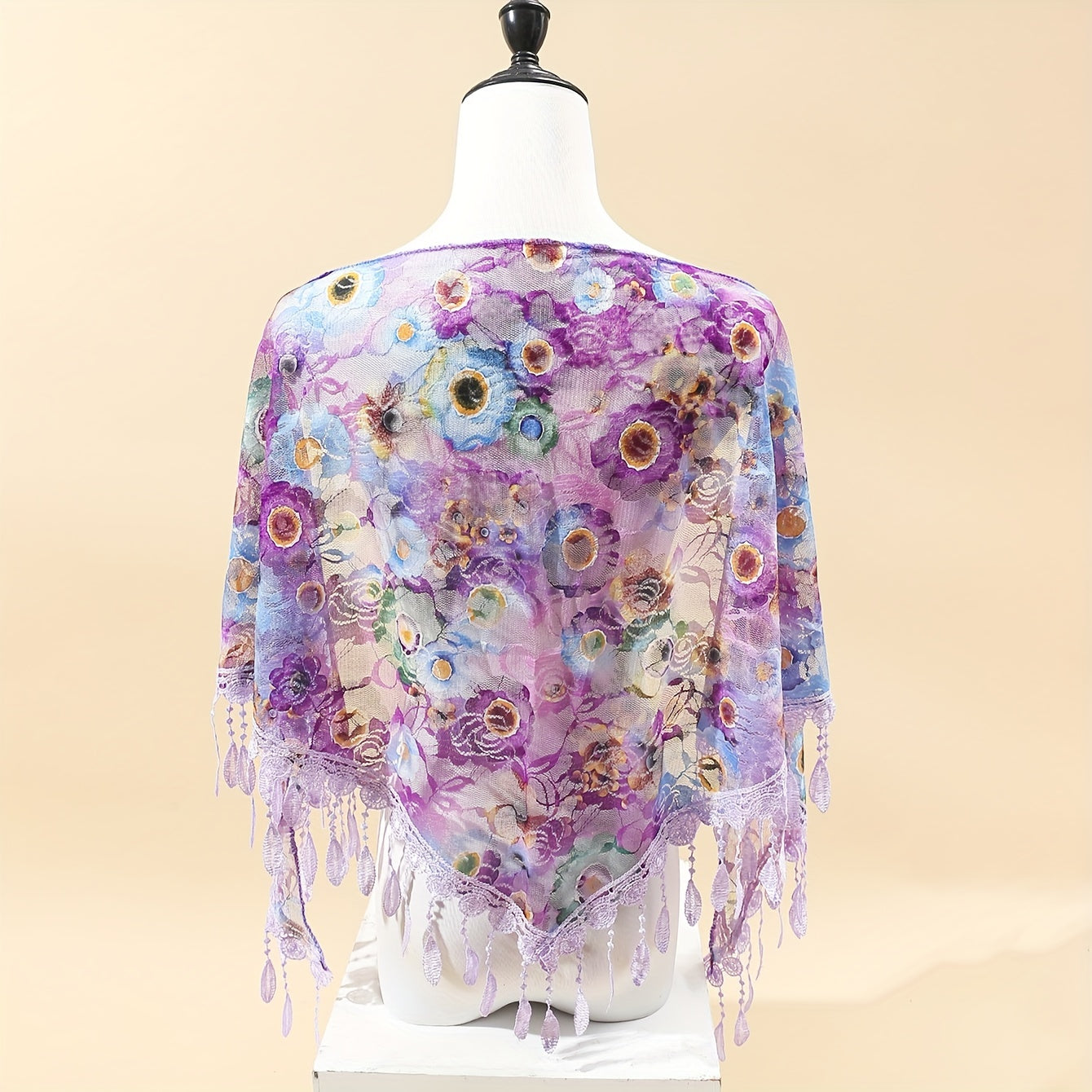 Rose Lace Tassel Triangle Scarf Boho Colorful Shawl Women Windproof Head Wrap