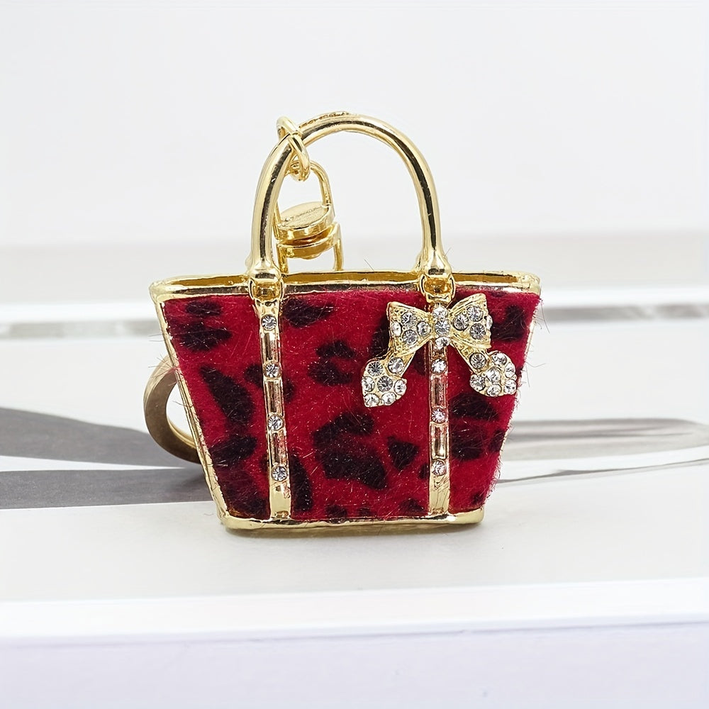 Leopard Bag Keychain Rhinestone Key Ring Purse Accessory