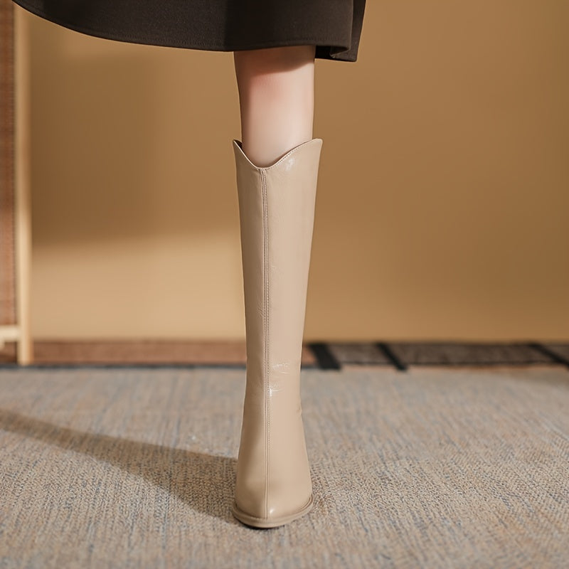Women's Knee High Zipper Boots Chunky Heel Booties
