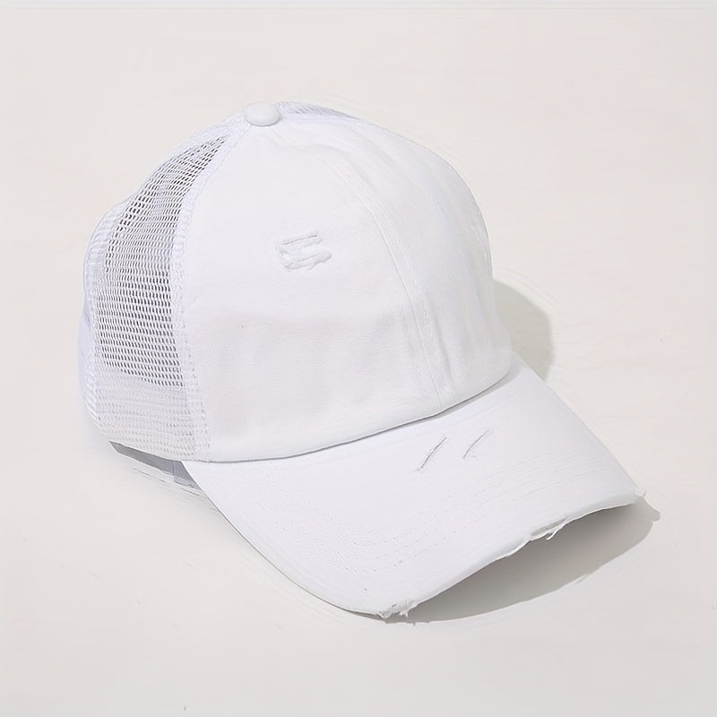Ripped Ponytail Baseball Cap Washed Distressed Block Sun Hat