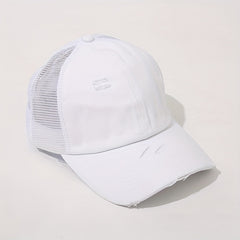 Ripped Ponytail Baseball Cap Washed Distressed Block Sun Hat