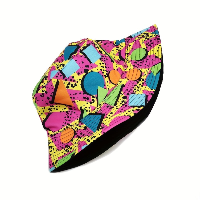 Cartoon Graffiti Print Bucket Hat Hip Hop Geometric Block Reversible Sun Hat