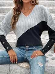 Colorblock Bat Sleeve V Neck Sweater