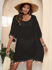 Colorful Tassel Trim Tie Back Coverup 3/4 Sleeve Sheer Dress Kaftan