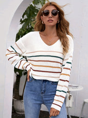 Striped V Neck Drop Shoulder Sweater Casual Long Sleeve