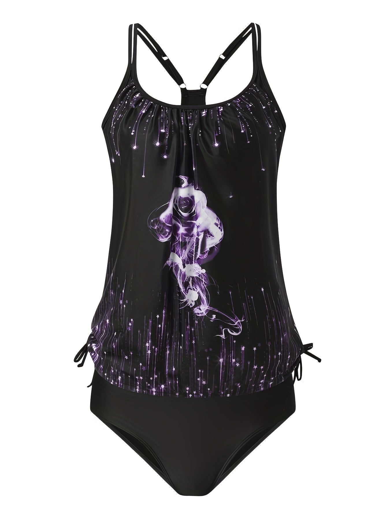 Vacay Tankini Set Glitter Graphic Print Lace Up Cami Top & Panty Swims