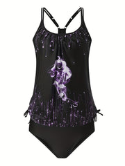 Vacay Tankini Set Glitter Graphic Print Lace Up Cami Top & Panty Swims