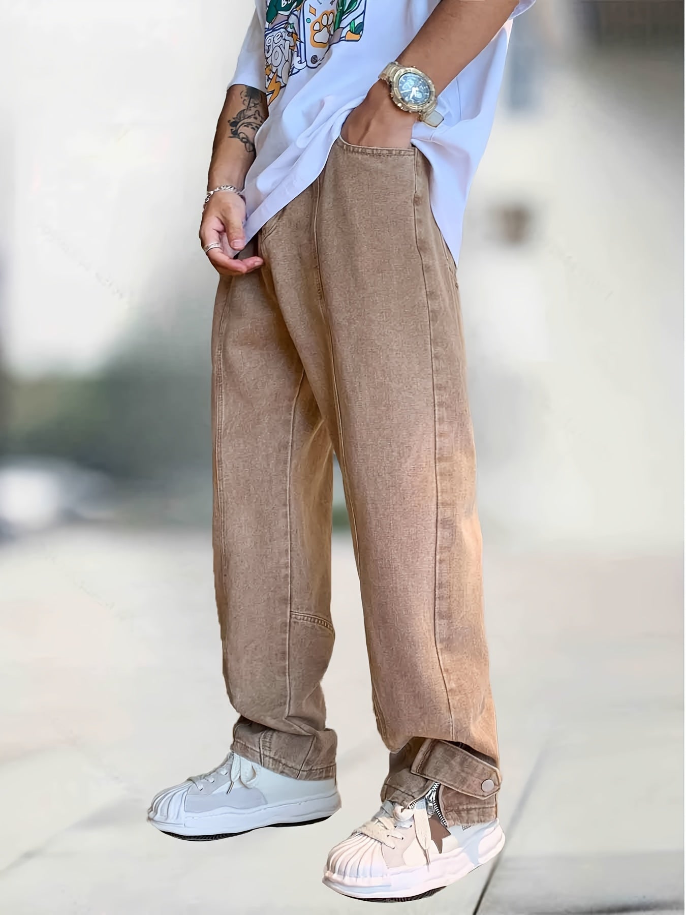 Classic Straight Leg Jeans Mens Casual Street Style Distressed Denim Pants