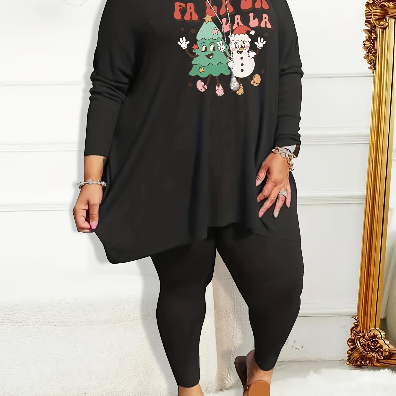 Christmas Pajama Set Snowman & Tree Print Tee & Leggin
