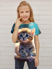 Cat Graphic Short Sleeve T shirt for Girls Summer Gift Sports