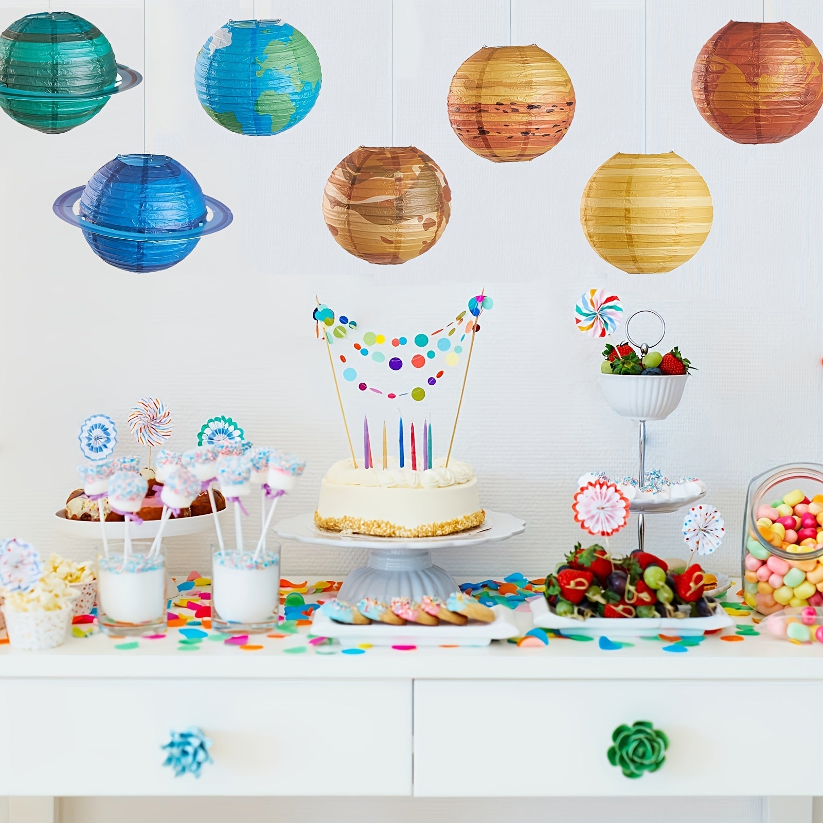 8pcs Outer Space Party Decorations - Hanging Planet Paper Lanterns
