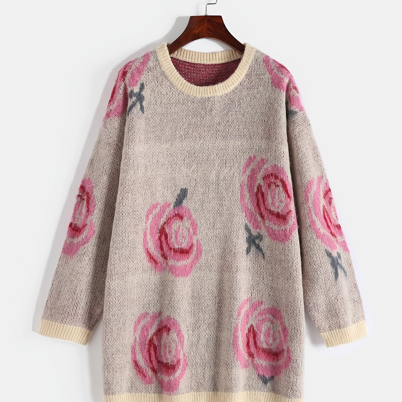 Floral Print Round Neck Knit Sweater Plus Size