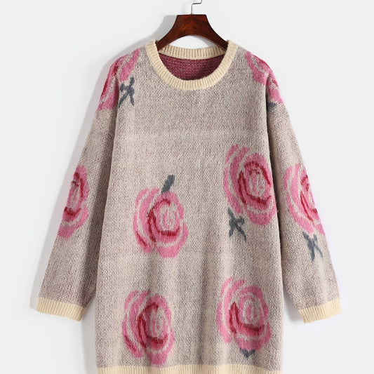 Floral Print Round Neck Knit Sweater Plus Size
