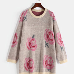 Floral Print Round Neck Knit Sweater Plus Size