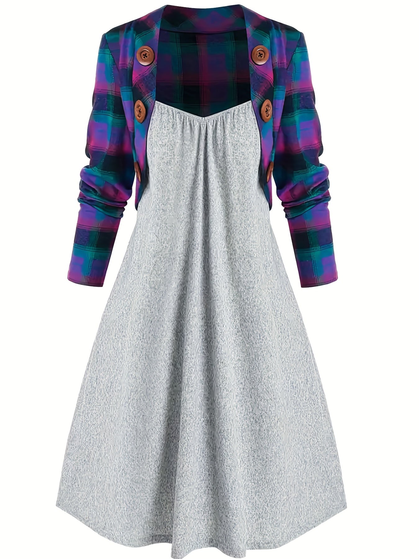 Plaid Crop Cardigan & Cami Dress Set