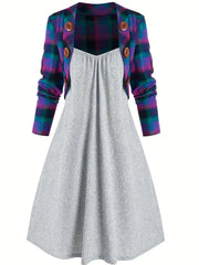 Plaid Crop Cardigan & Cami Dress Set