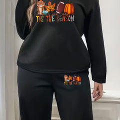 Women's Plus Lounge Set Rugby Pumpkin Coffee Maple Leaf Slogan Print Fleece Top