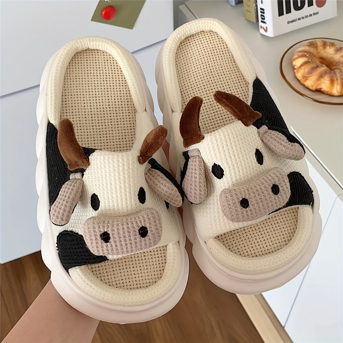 Cartoon Cow Indoor Slippers Open Toe Linen Platform Shoes