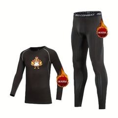 Kids Fleece Lined Compression Base Set with Turkey Print Tops & Leggings