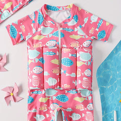 2pcs Baby Girls Fish Print One Piece Swimsuit With Buoyancy & Swimming Cap Set