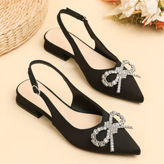 Rhinestone Bow Low Heel Slingback Sandals