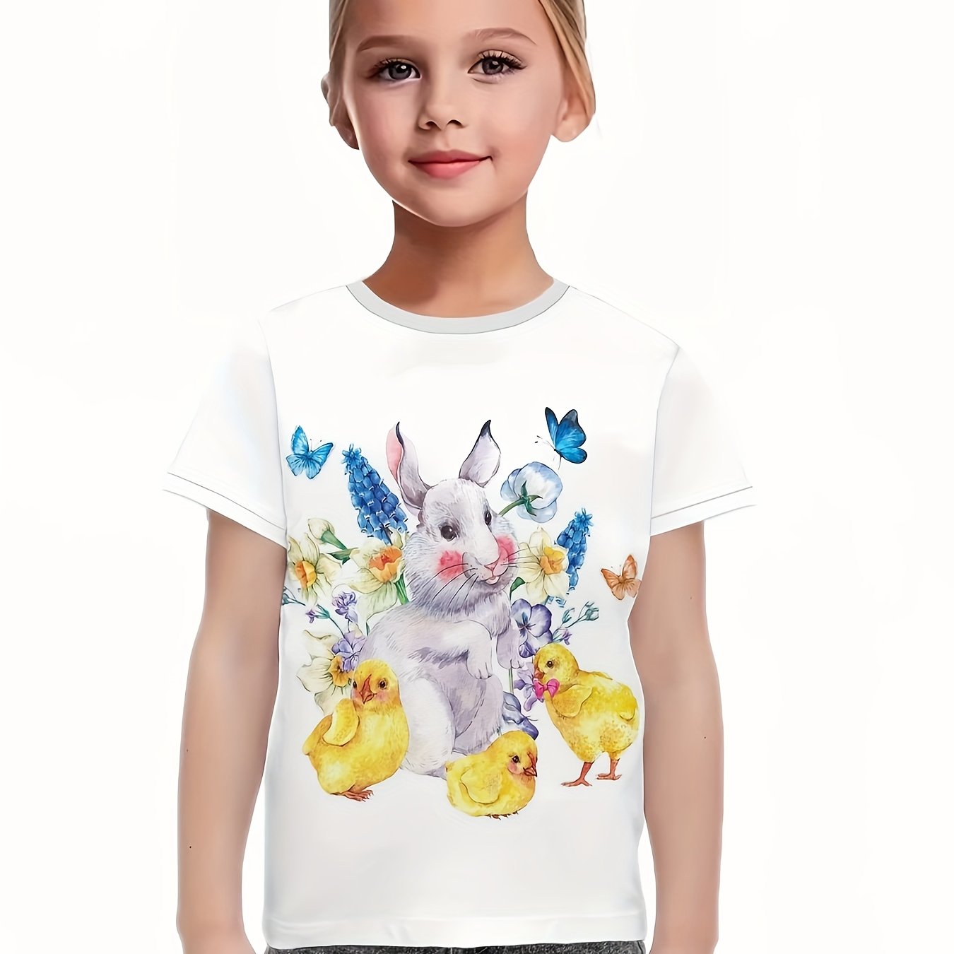 Girls 3D Bunny & Chick Short Sleeve T-shirt Summer Clothes Sports