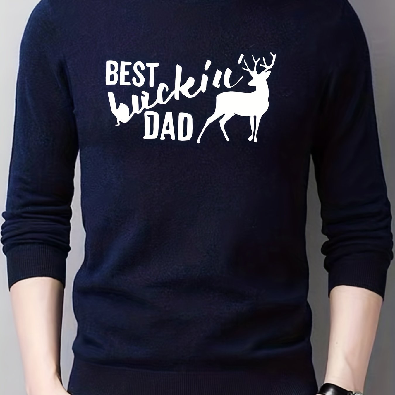 Dad & Deer Print Knitted Sweater Men's Warm Crew Neck Pullover For Fall Winter