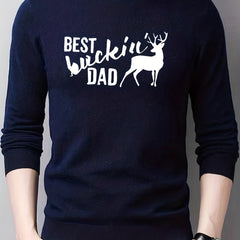 Dad & Deer Print Knitted Sweater Men's Warm Crew Neck Pullover For Fall Winter