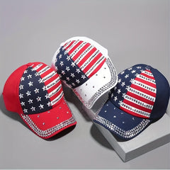 American Flag Sunshade Baseball Cap with Inlaid Diamonds