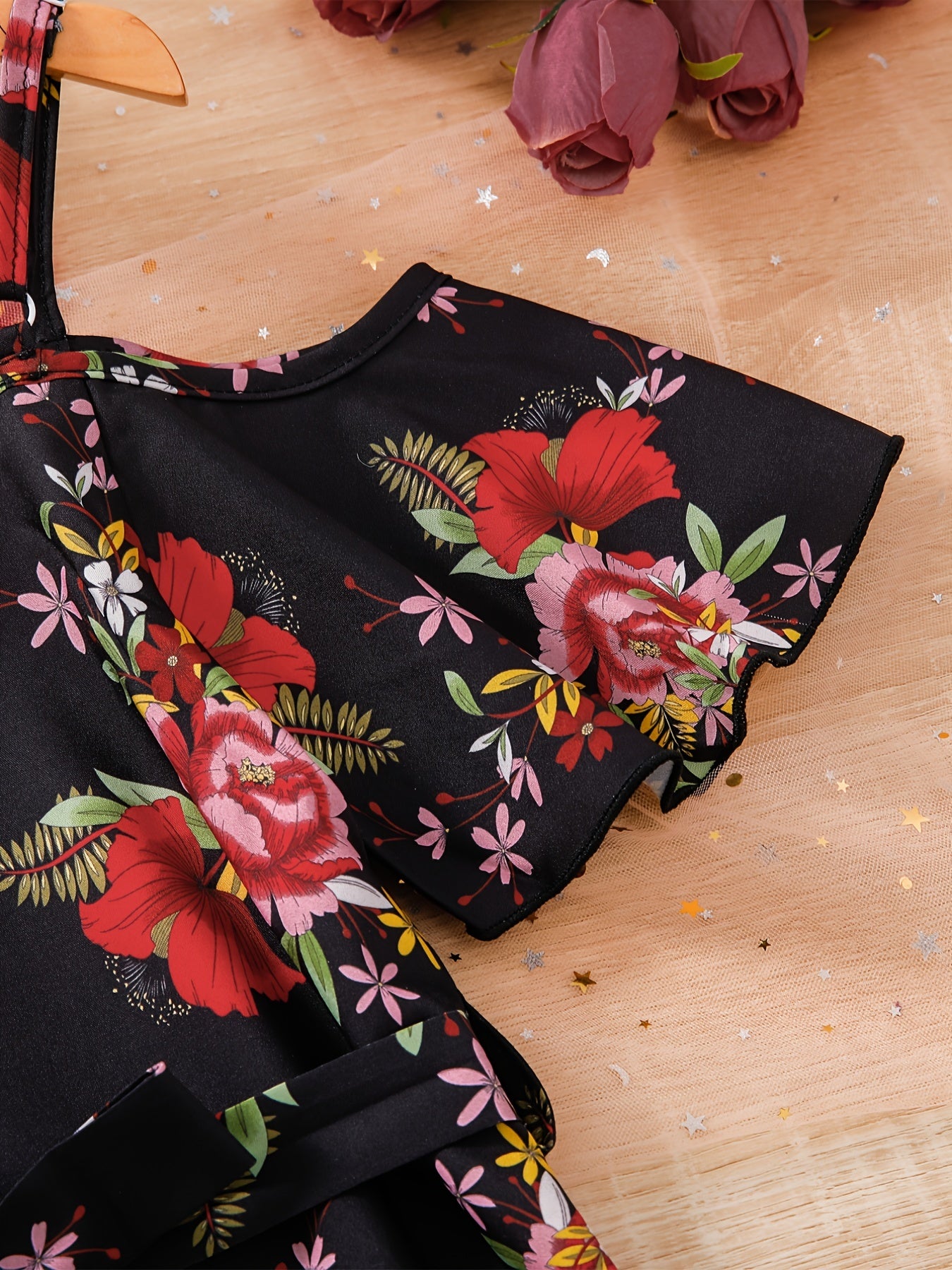 Girls Chiffon Flowers Print Cold Shoulder Dress With Belt