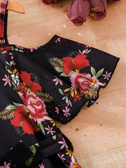 Girls Chiffon Flowers Print Cold Shoulder Dress With Belt