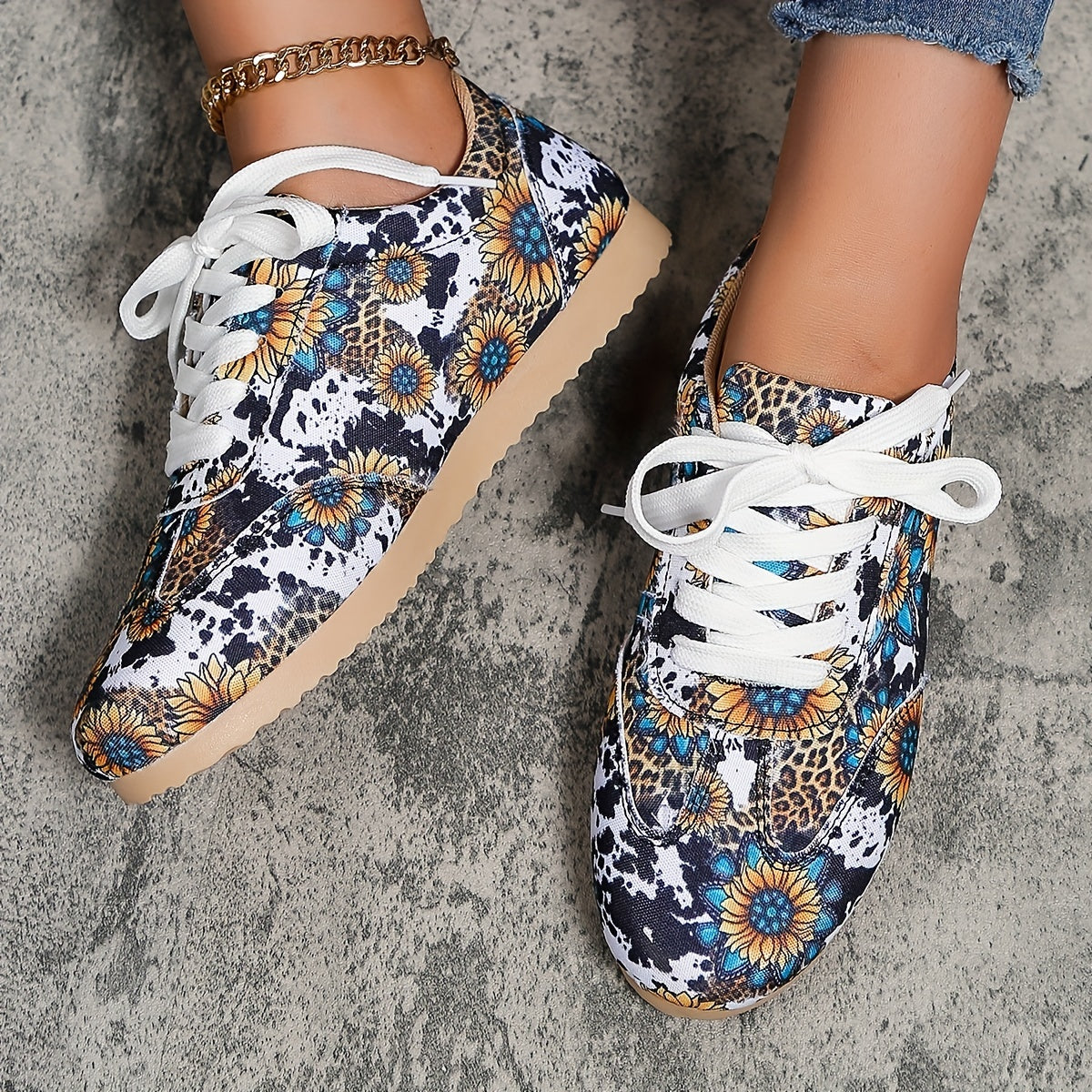 Cow & Sunflower Print Sneakers Casual Lace Up Shoes