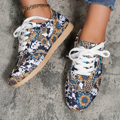 Cow & Sunflower Print Sneakers Casual Lace Up Shoes