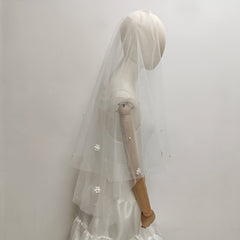 JOANSHRINE Double Layer Bridal Veil Vintage Floral Embellishment