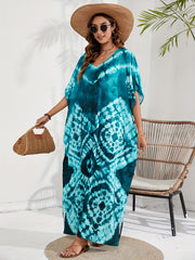 Boho Cover Up Tie Dye Batwing Sleeve V Neck Kaftan Beach Dress
