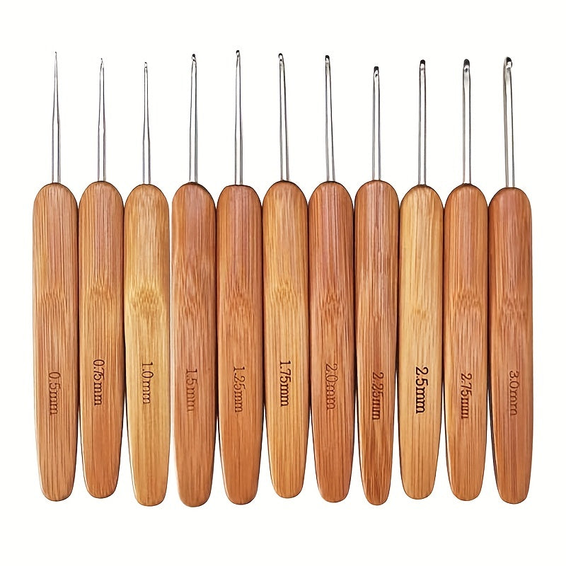 11pcs Bamboo Wood Handles Small Crochet Hooks for Fine Yarn & Lace Knitting