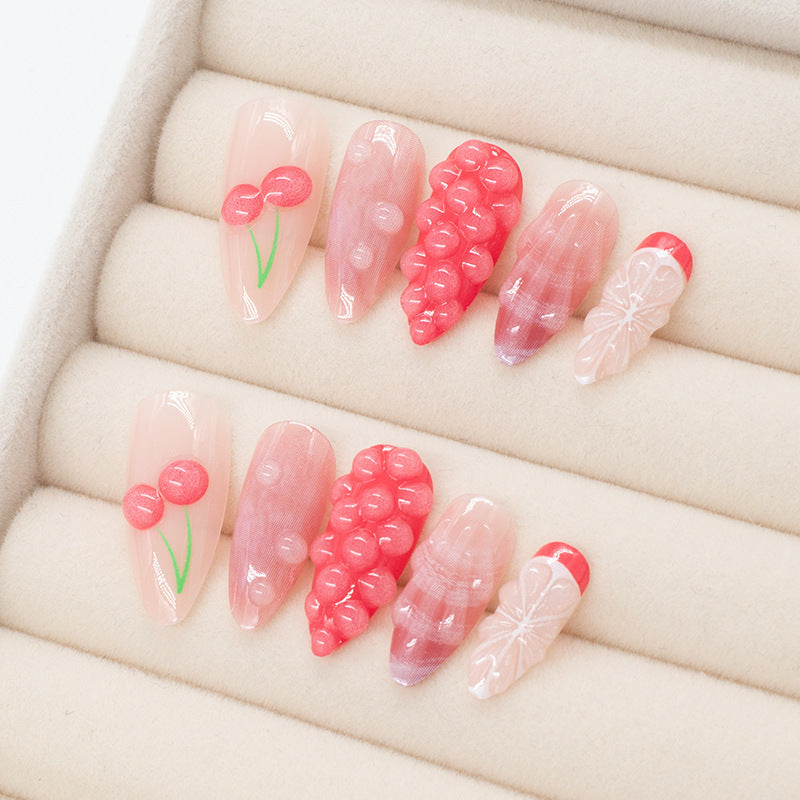 24pcs Water Splashing Cherry False Nails w/ Shell Patterned Stickers