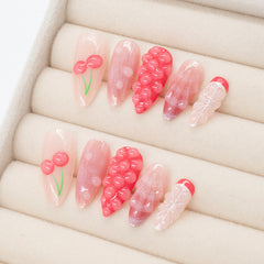 24pcs Water Splashing Cherry False Nails w/ Shell Patterned Stickers