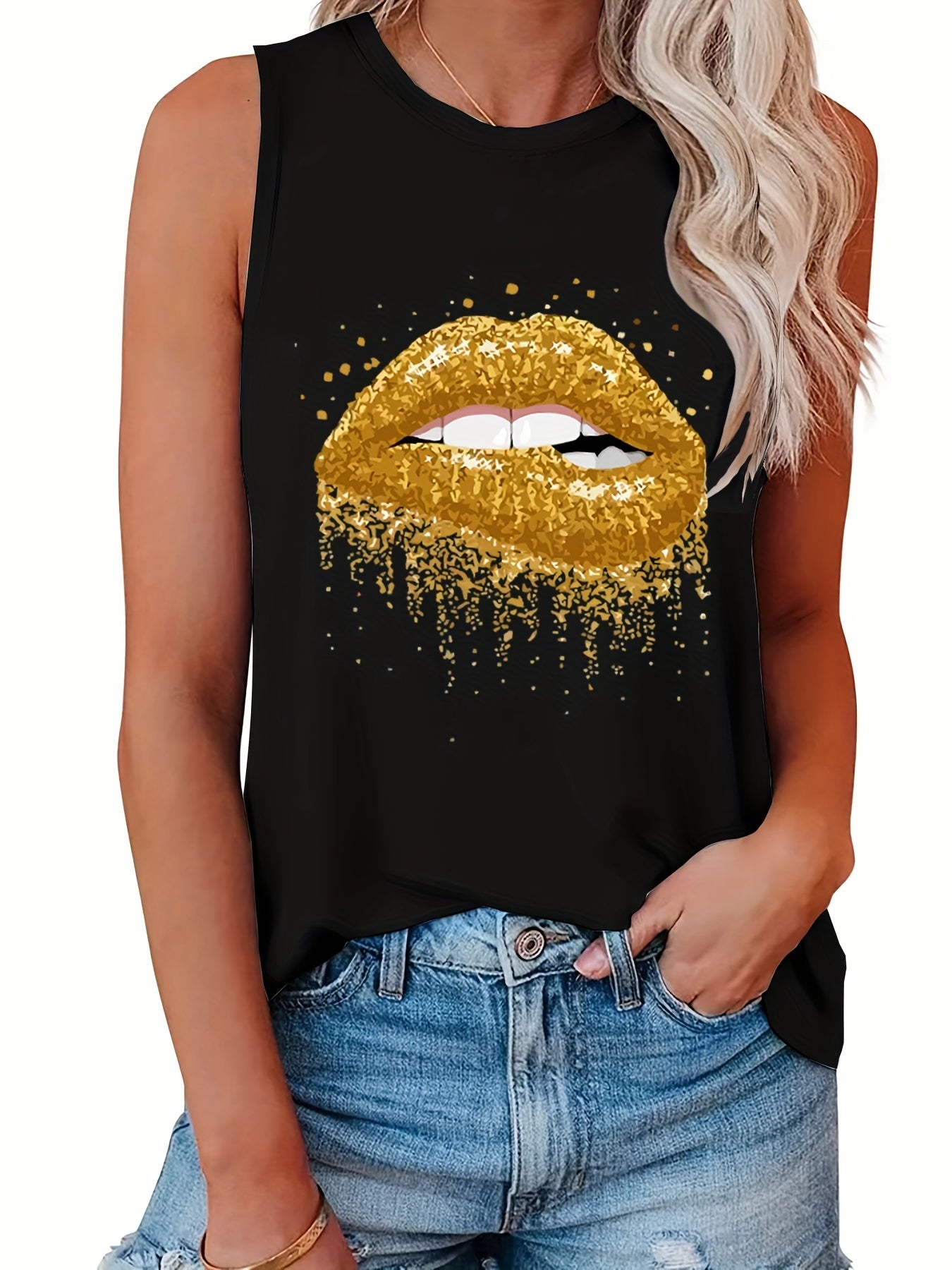 Lip Print Crew Neck Tank Top Sleeveless Casual Women's Summer Clothing
