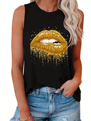 Lip Print Crew Neck Tank Top Sleeveless Casual Women's Summer Clothing