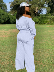 Slanted Shoulder Long Sleeve Tops & Drawstring Pants Set