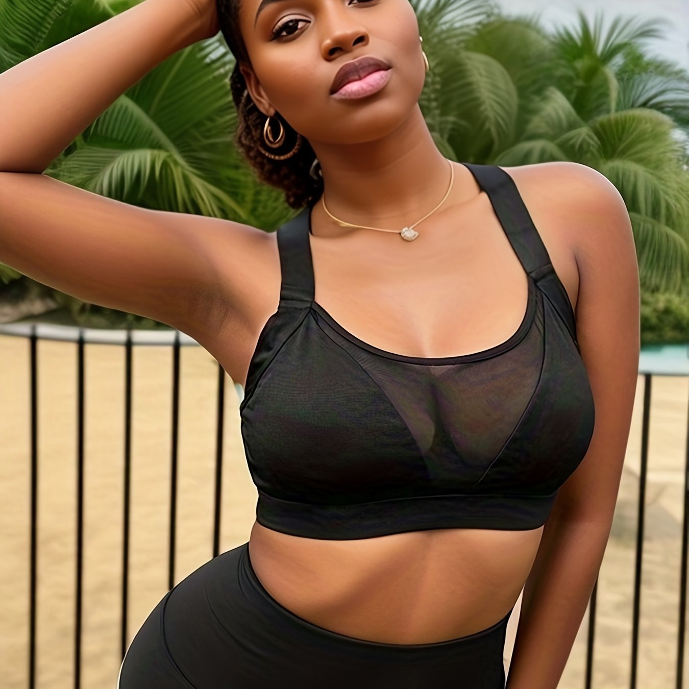 Sports Bra Contrast Mesh Crisscross Back Shockproof Gym B