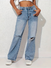 Distressed Wide Leg High Waist Denim Pants