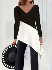 Casual Colorblock Two piece Set Long Sleeve V Neck Top & Pants Outfits
