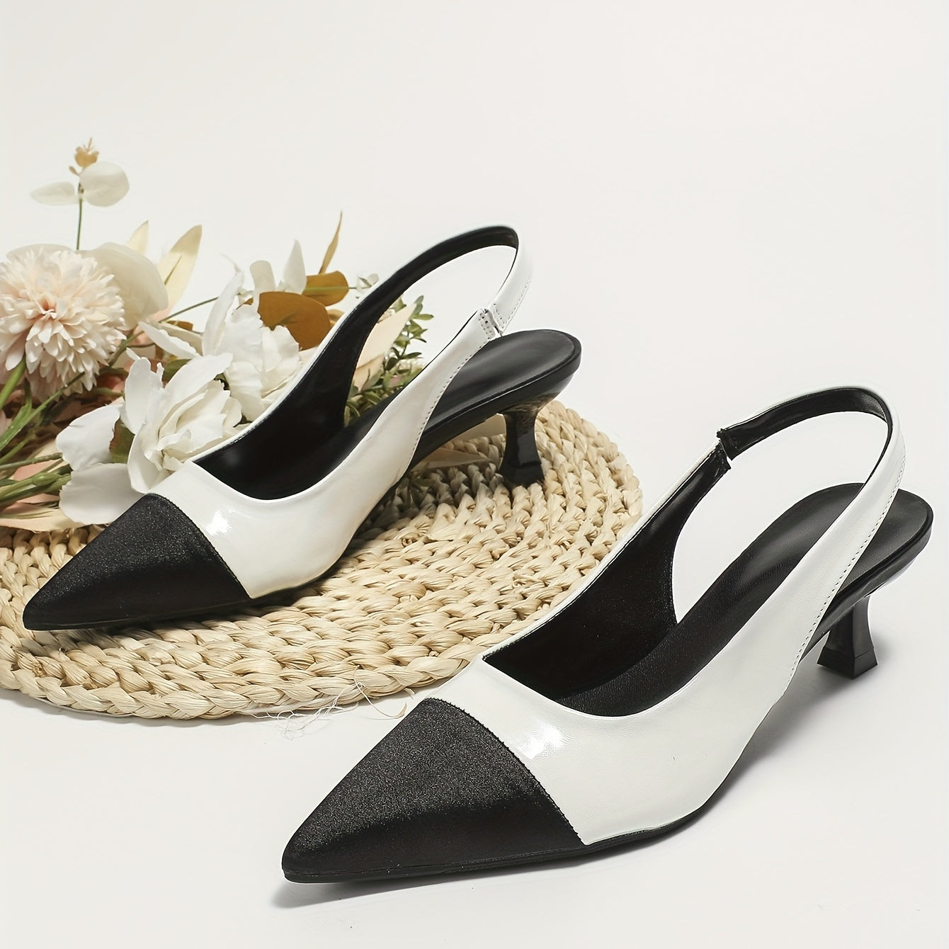 Colorblock Kitten Heel Satin Sandals Slingback