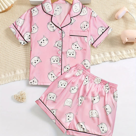 Girls Cat Graphic Pajama Set Button Top & Shorts Summer Sleepwear