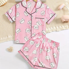 Girls Cat Graphic Pajama Set Button Top & Shorts Summer Sleepwear